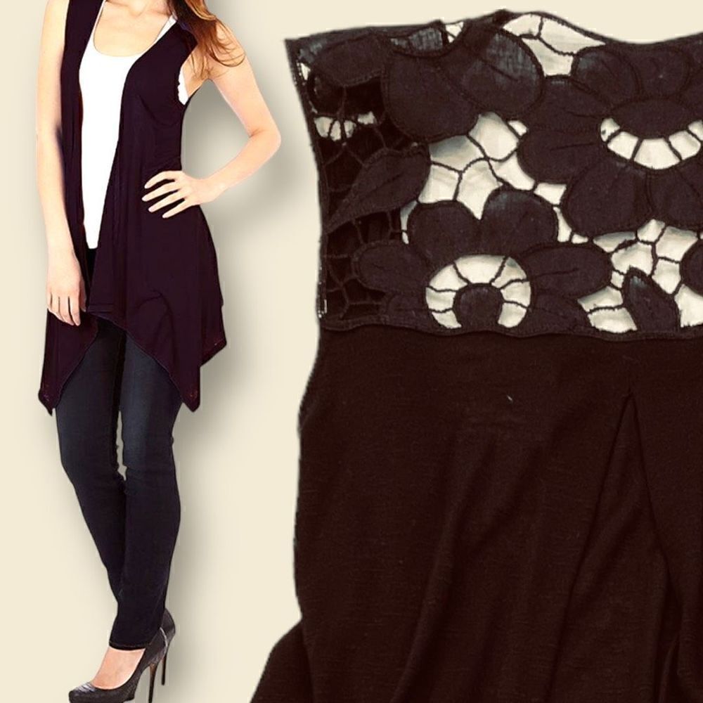TwentyOne Sleeveless Light Weight Flyaway Cardigan Vest with Floral Cut out Back